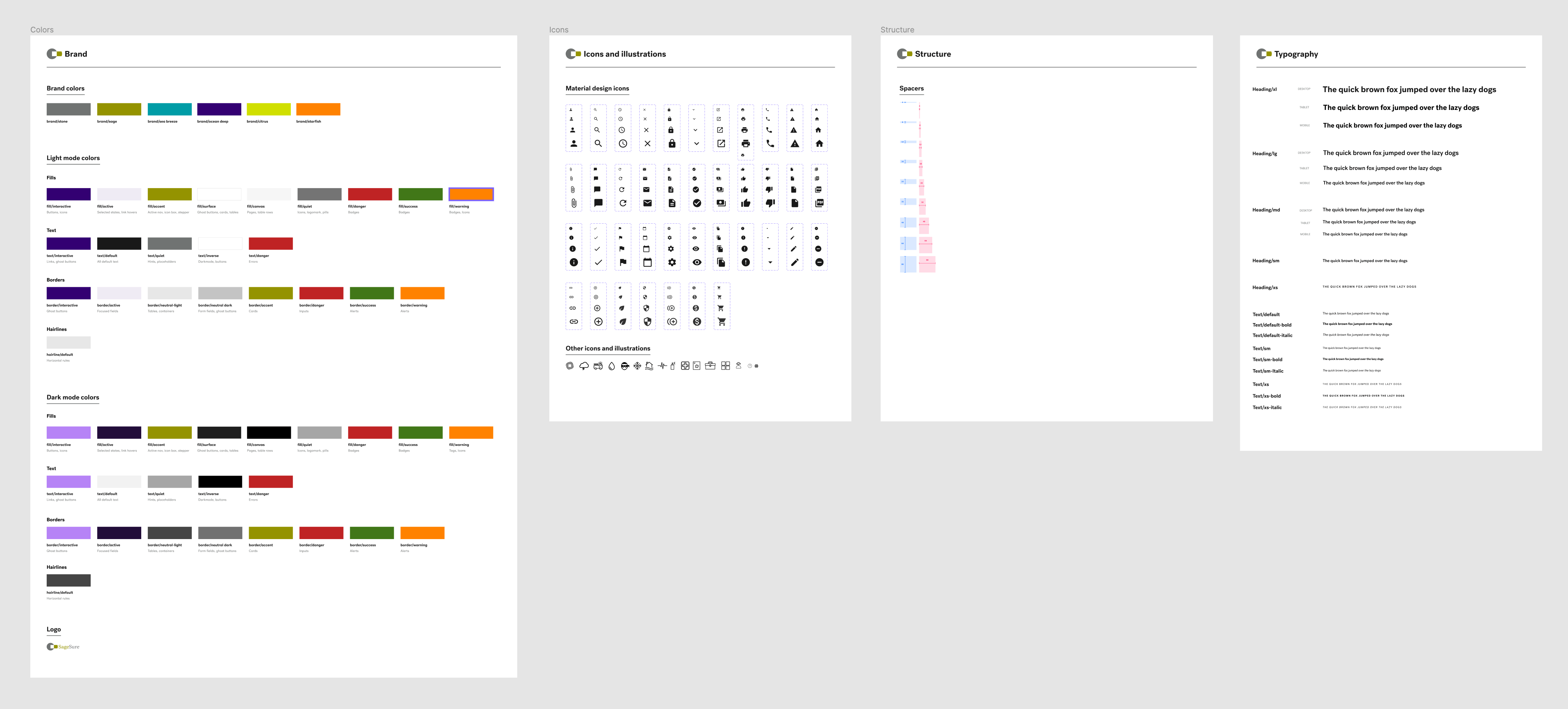 Screenshot of design system components in Figma, including colors, icons, spacing, and typography.
