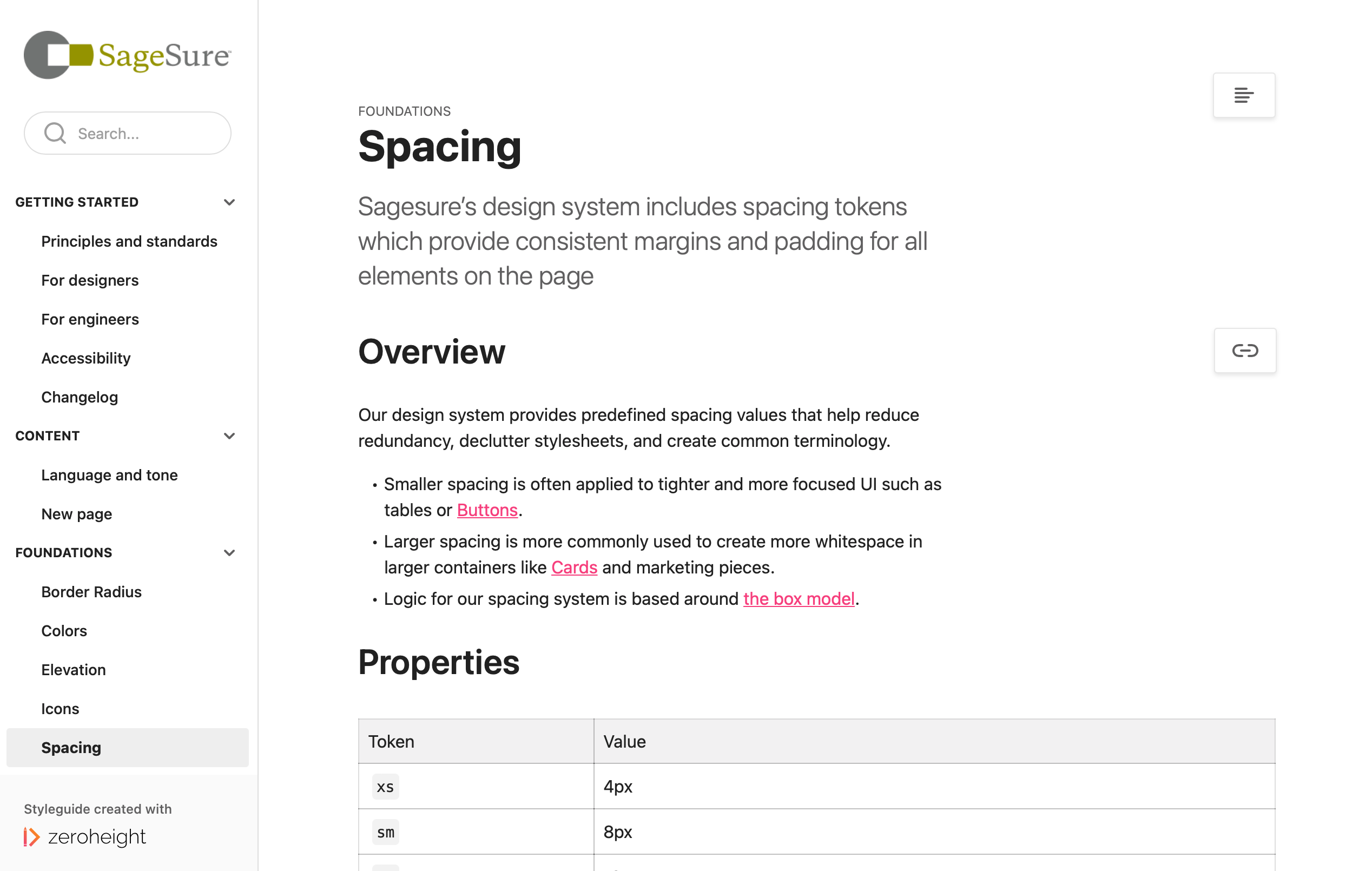 Screenshot of the SageSure design system documentation in Zeroheight.