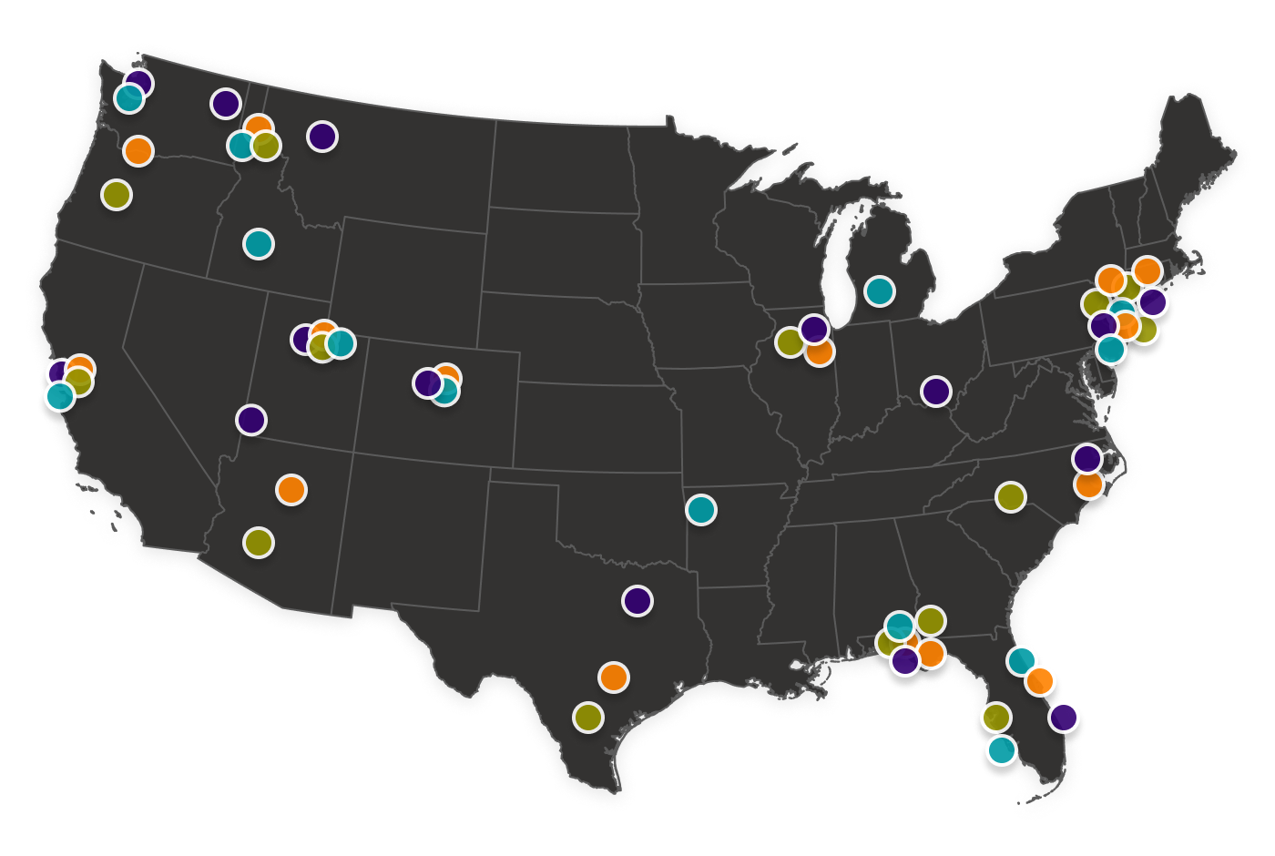 Map of the United States with circles spread across the map representing the distributed nature of the SageSure technology and innovation team.